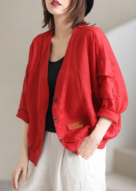 Red V Neck Pockets Fall Coats Long Sleeve Qs050