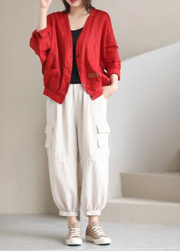 Red V Neck Pockets Fall Coats Long Sleeve Qs050