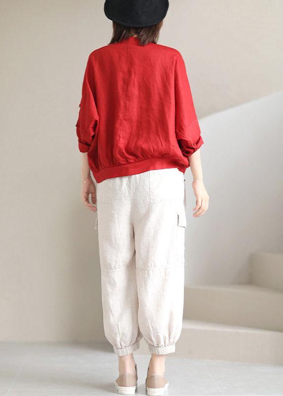 Red V Neck Pockets Fall Coats Long Sleeve Qs050