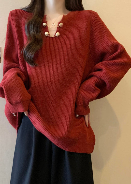 Red V Neck Thick Warm Knit Sweaters Winter Rg032