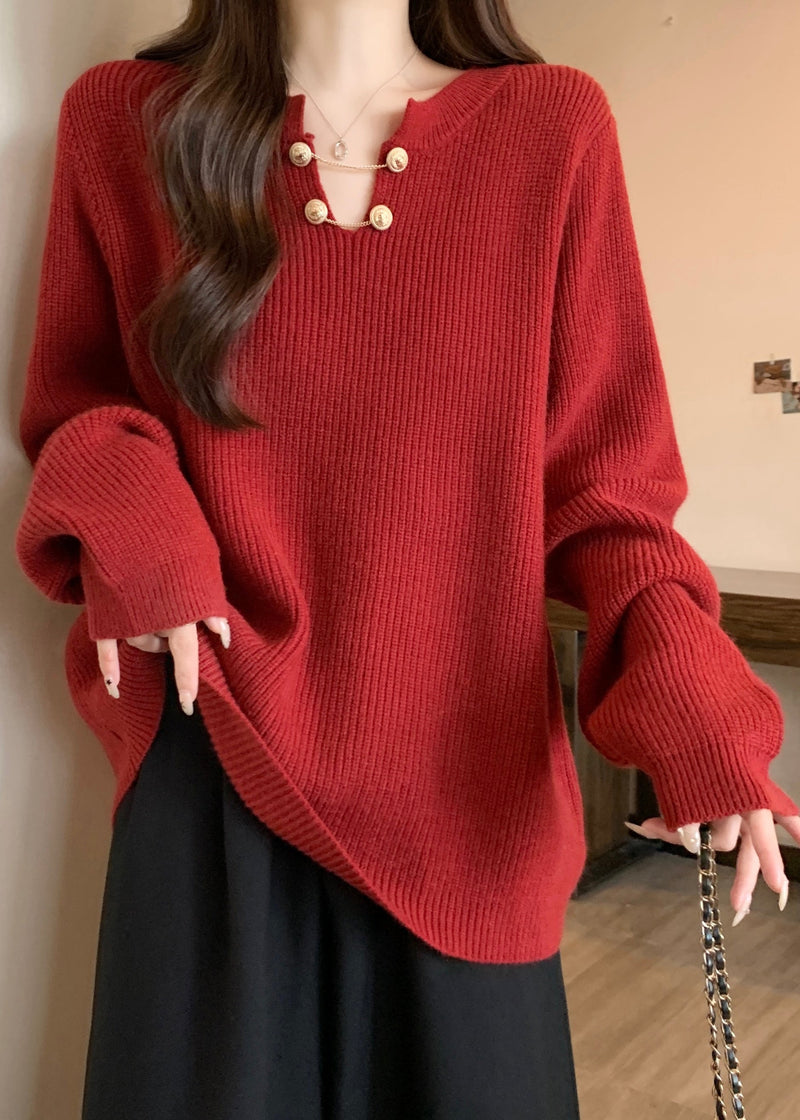Red V Neck Thick Warm Knit Sweaters Winter Rg032