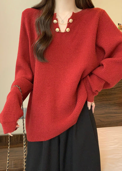 Red V Neck Thick Warm Knit Sweaters Winter Rg032