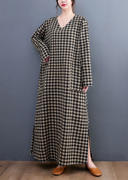 V Neck Plaid Pockets Cotton Long Dress Summer Ap007