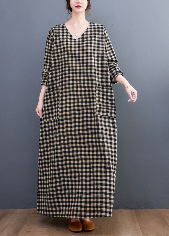 V Neck Plaid Pockets Cotton Long Dress Summer Ap007