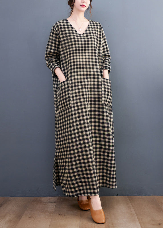 V Neck Plaid Pockets Cotton Long Dress Summer Ap007