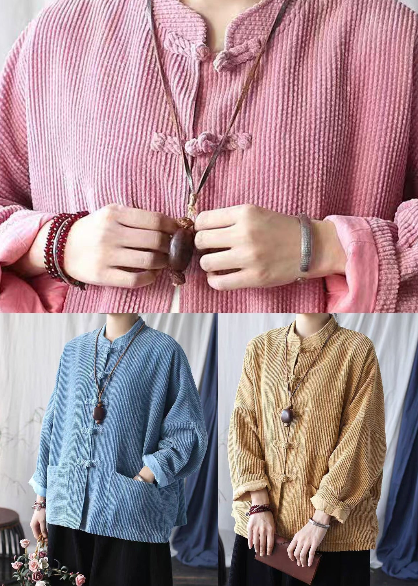 Khaki Pockets Retro Corduroy Coat Oriental Button Spring Tj024