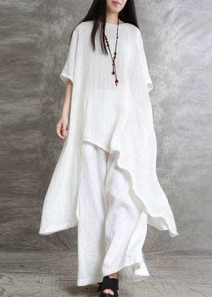White Asymmetrical Top and Wide Leg Pants Two Pieces Set Short Sleeve Tr020