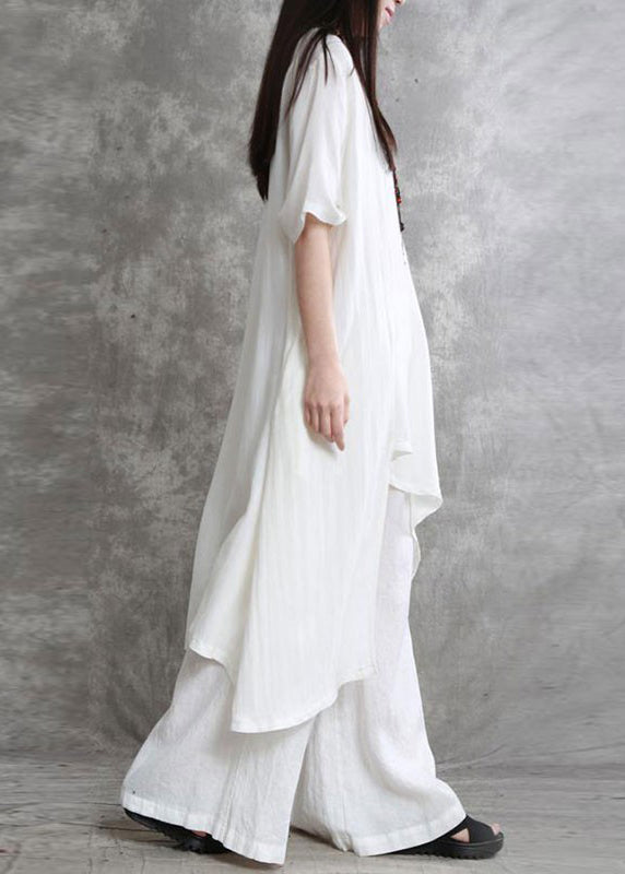 White Asymmetrical Top and Wide Leg Pants Two Pieces Set Short Sleeve Tr020