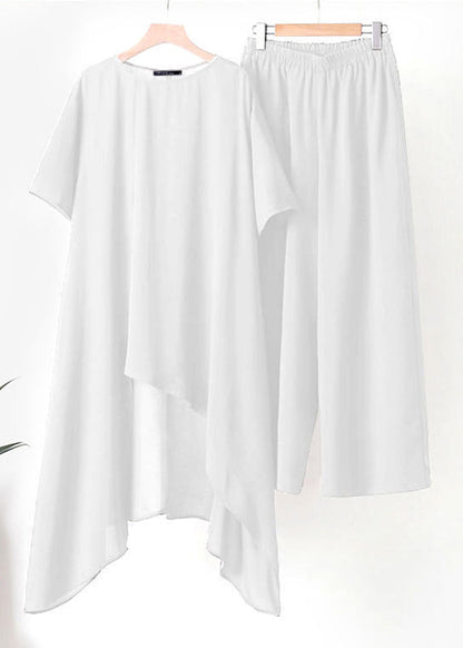 White Asymmetrical Top and Wide Leg Pants Two Pieces Set Short Sleeve Tr020