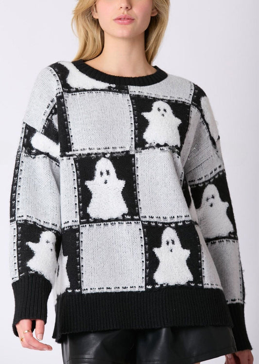 White O Neck Plaid Knit Sweater Long Sleeve Ae1028