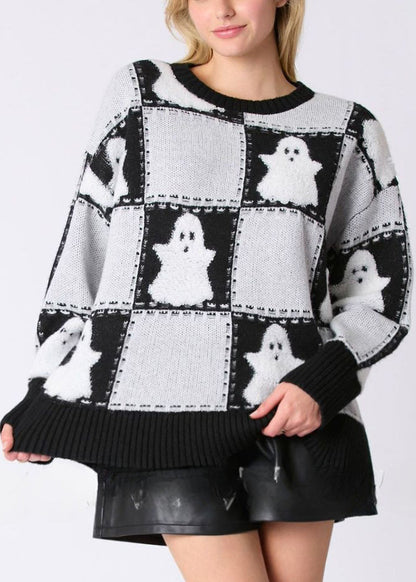 White O Neck Plaid Knit Sweater Long Sleeve Ae1028