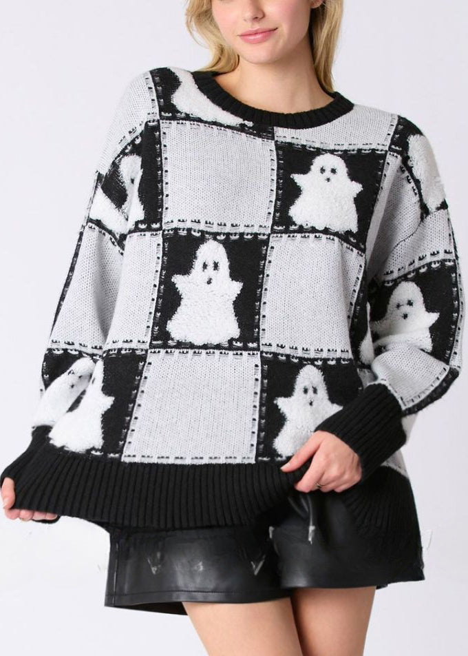 White O Neck Plaid Knit Sweater Long Sleeve Ae1028