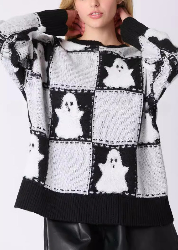 White O Neck Plaid Knit Sweater Long Sleeve Ae1028