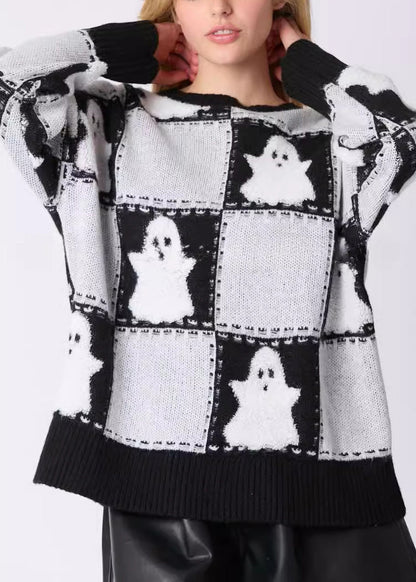 White O Neck Plaid Knit Sweater Long Sleeve Ae1028