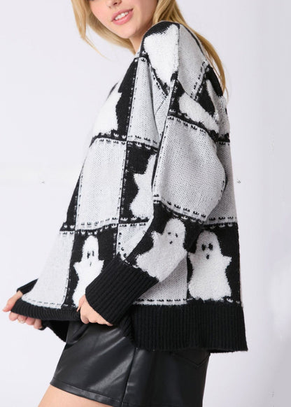 White O Neck Plaid Knit Sweater Long Sleeve Ae1028