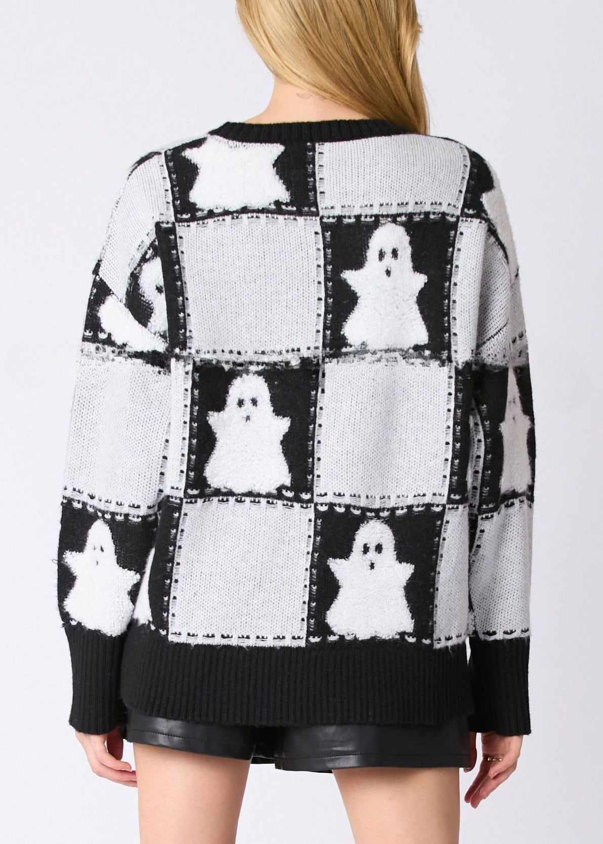White O Neck Plaid Knit Sweater Long Sleeve Ae1028