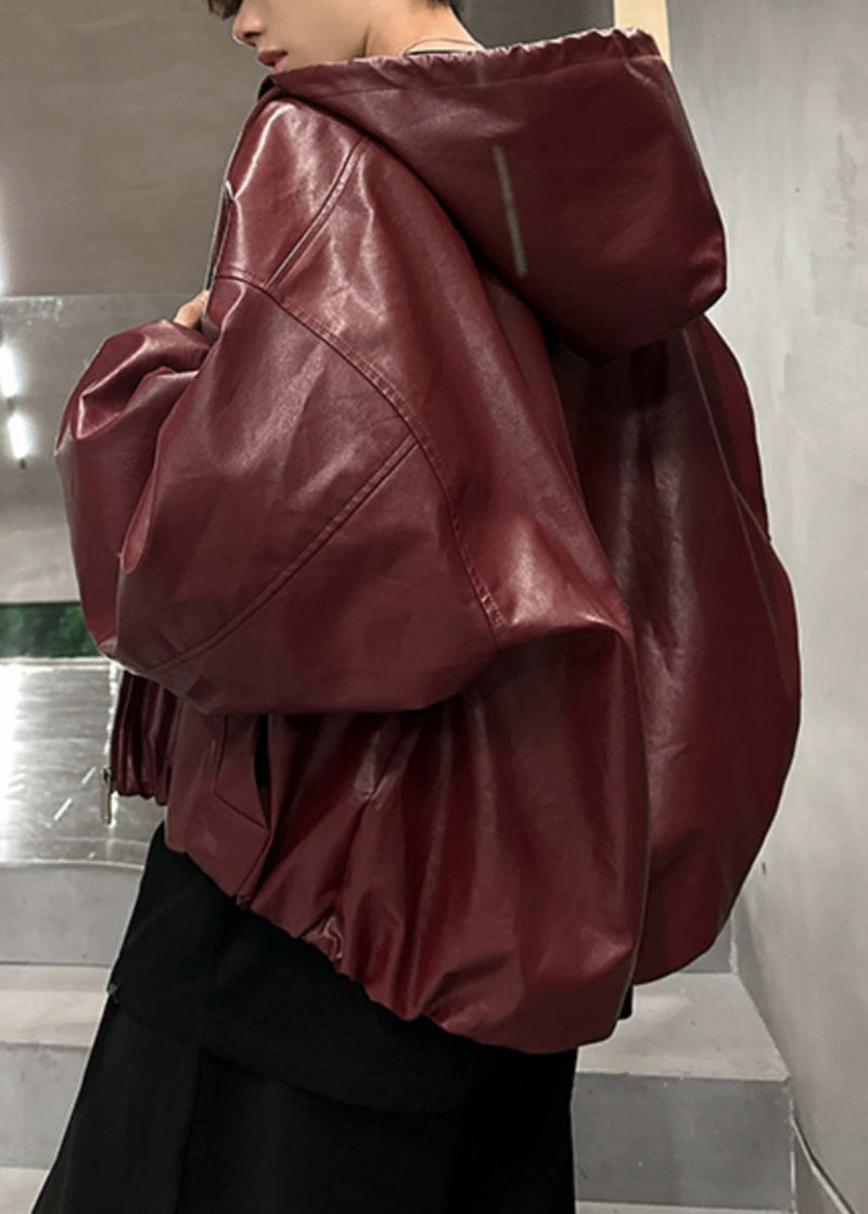 Wine Red Hooded Zippered Faux Leather Coat Spring Rn020