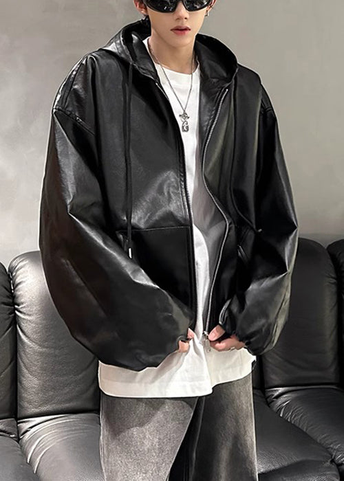 Wine Red Hooded Zippered Faux Leather Coat Spring Rn020