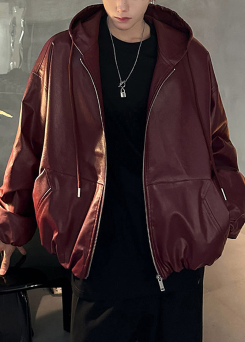 Wine Red Hooded Zippered Faux Leather Coat Spring Rn020