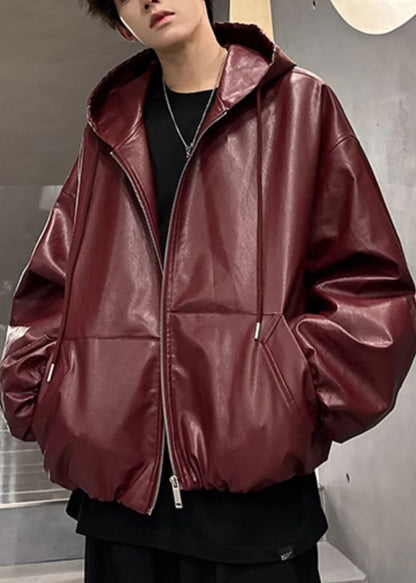 Wine Red Hooded Zippered Faux Leather Coat Spring Rn020