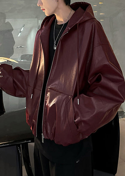 Wine Red Hooded Zippered Faux Leather Coat Spring Rn020