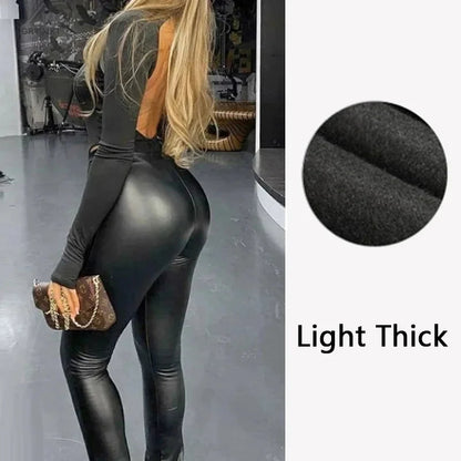 Winter Thickened Warm High Waist Black Leather Pants