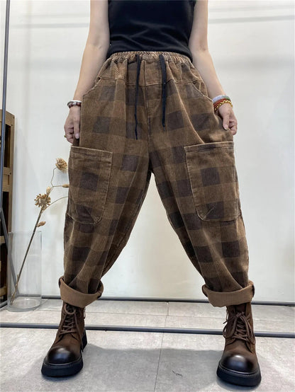 Plaid Corduroy Loose Harem Pants