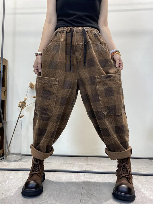 Plaid Corduroy Loose Harem Pants
