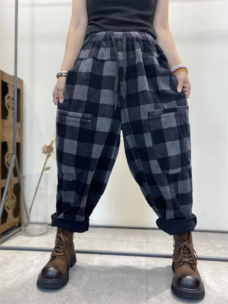 Plaid Corduroy Loose Harem Pants