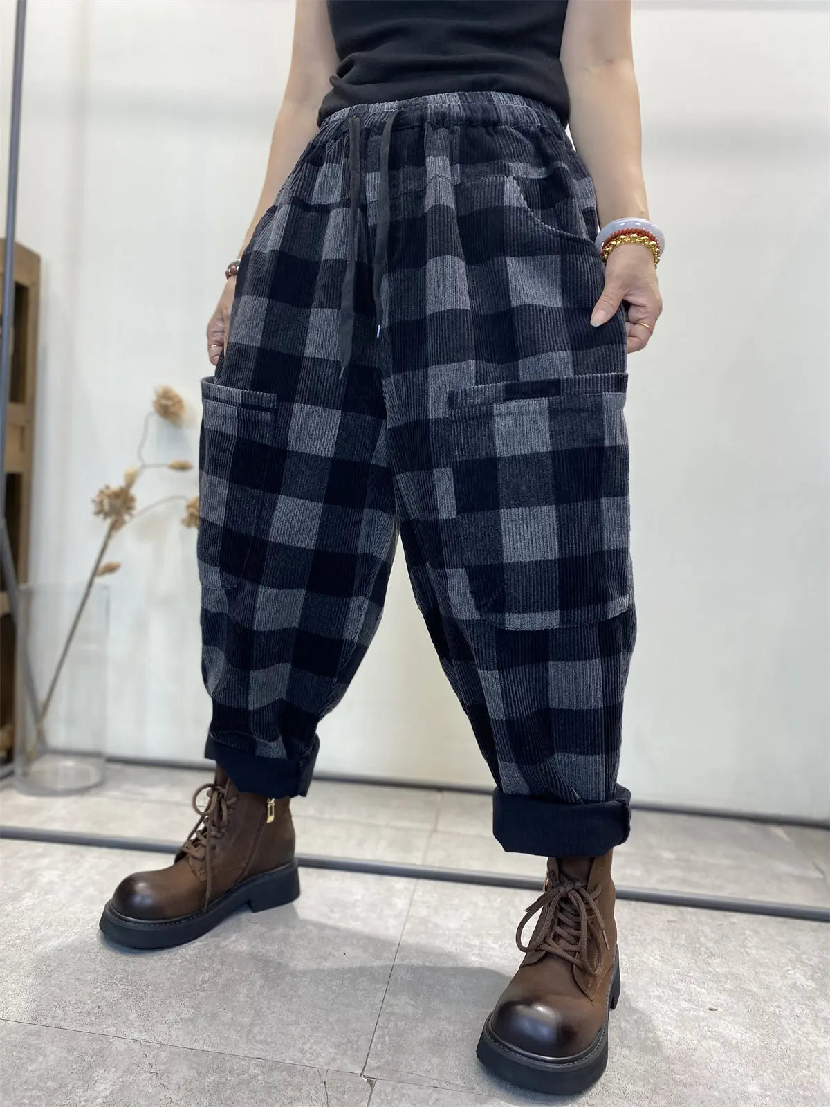 Plaid Corduroy Loose Harem Pants