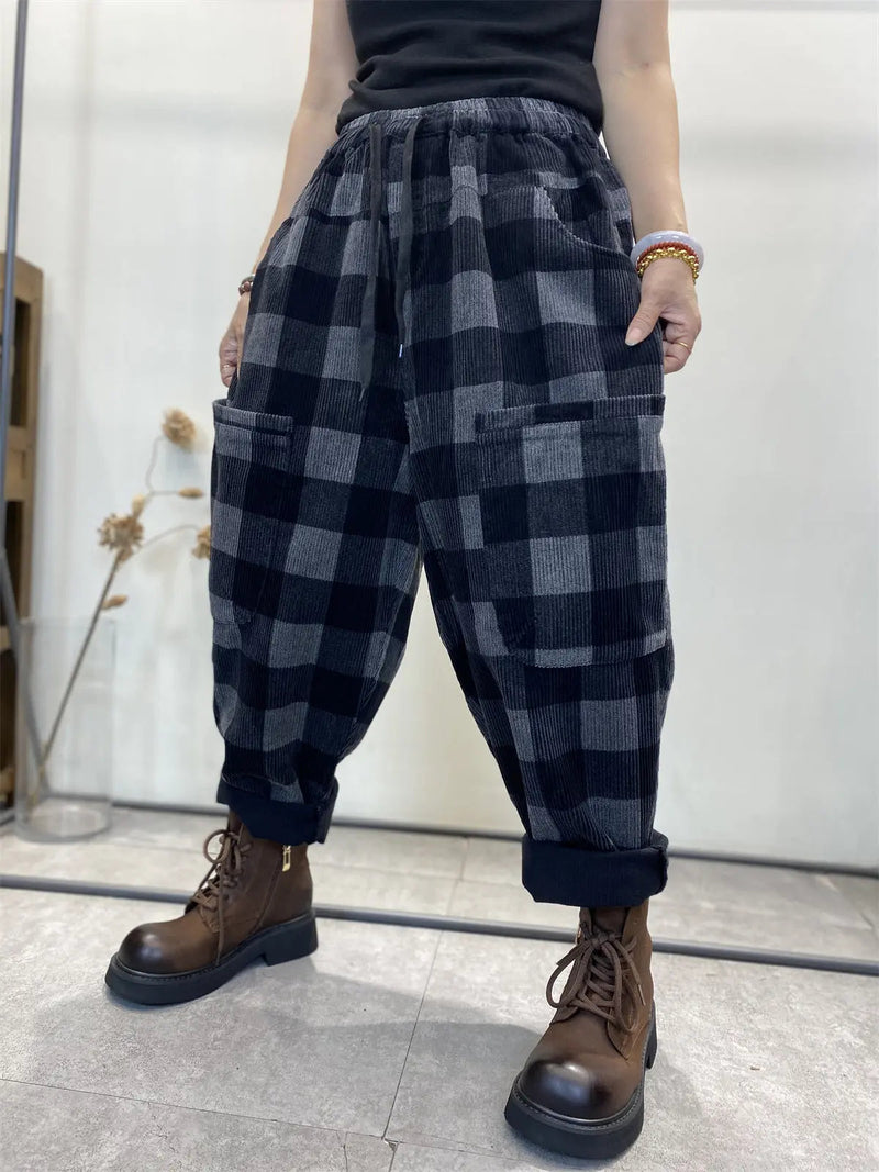 Plaid Corduroy Loose Harem Pants