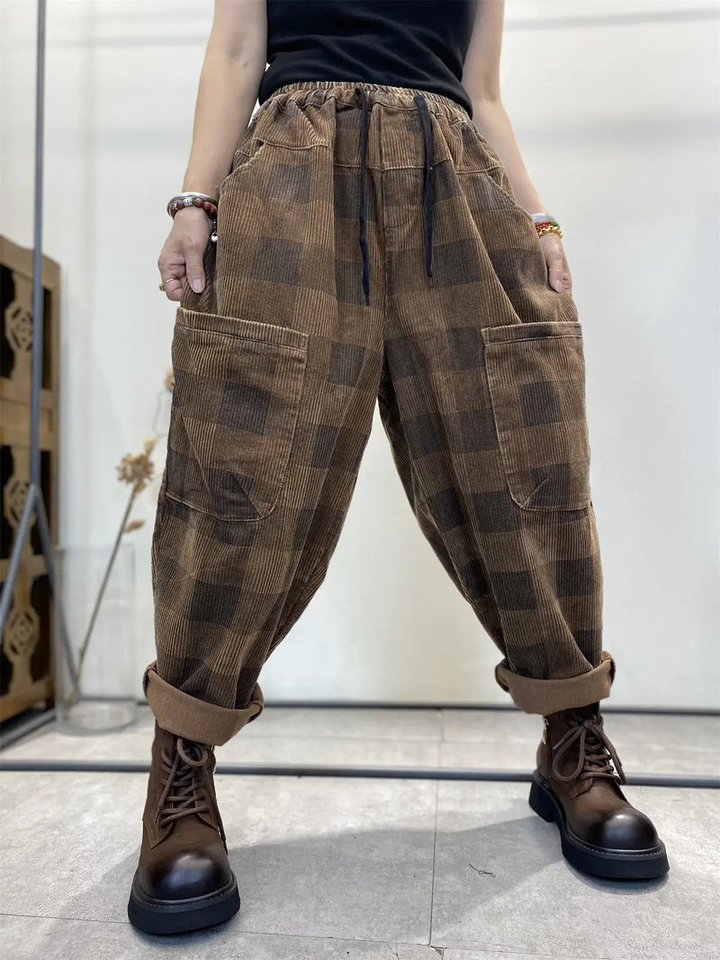 Plaid Corduroy Loose Harem Pants
