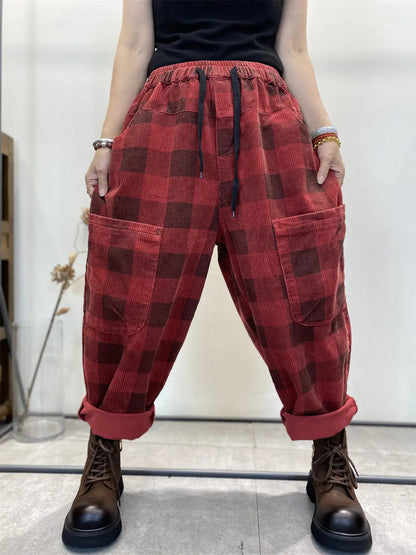 Plaid Corduroy Loose Harem Pants