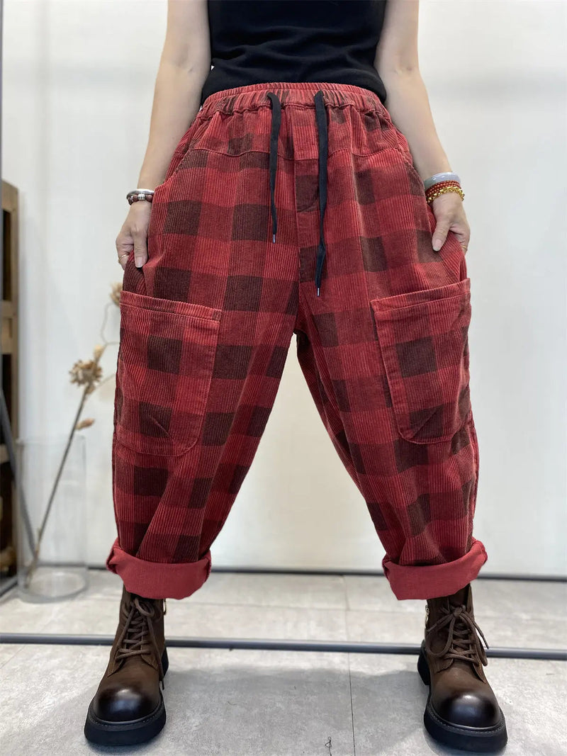 Plaid Corduroy Loose Harem Pants