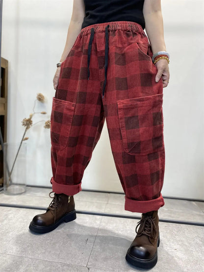 Plaid Corduroy Loose Harem Pants
