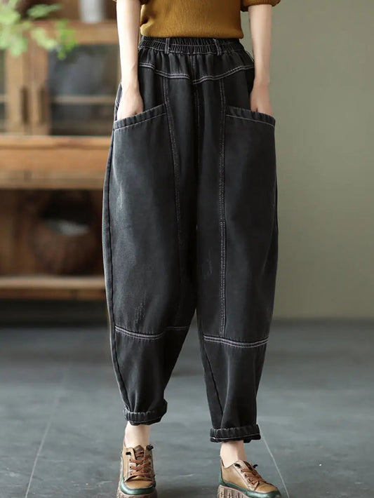 Spliced Denim Fleece-lined Pants