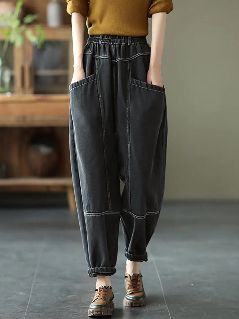 Spliced Denim Fleece-lined Pants