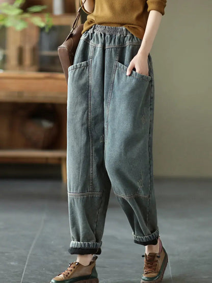 Spliced Denim Fleece-lined Pants