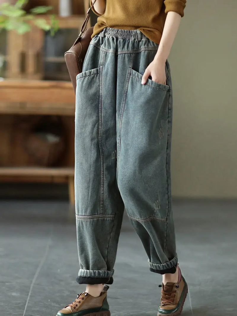 Spliced Denim Fleece-lined Pants