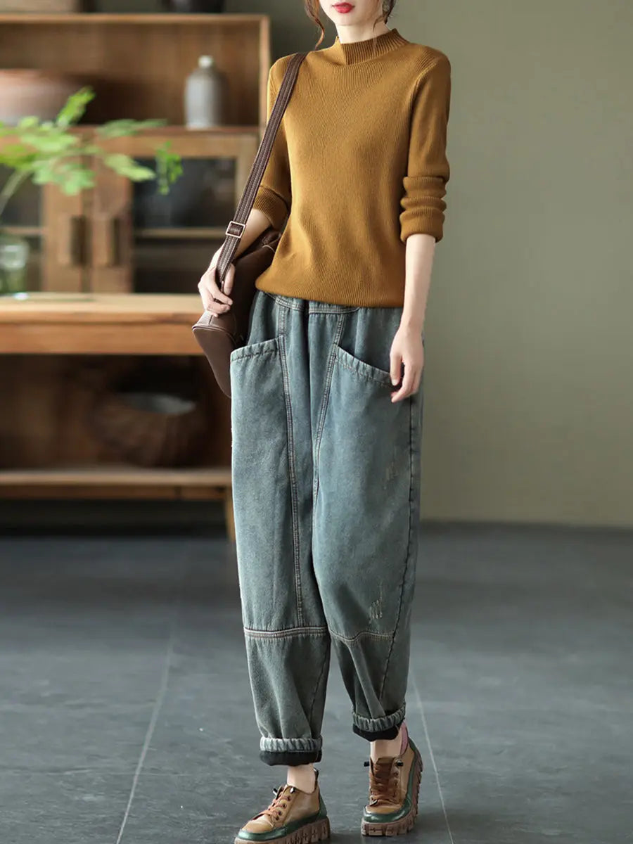 Spliced Denim Fleece-lined Pants
