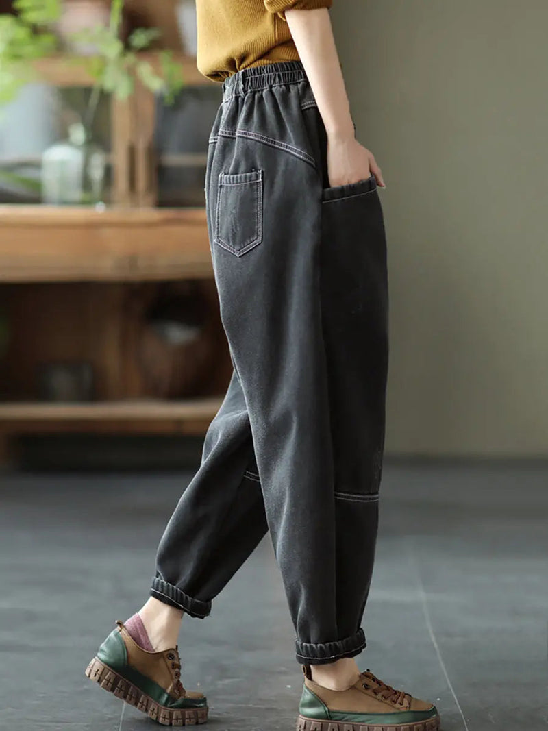 Spliced Denim Fleece-lined Pants
