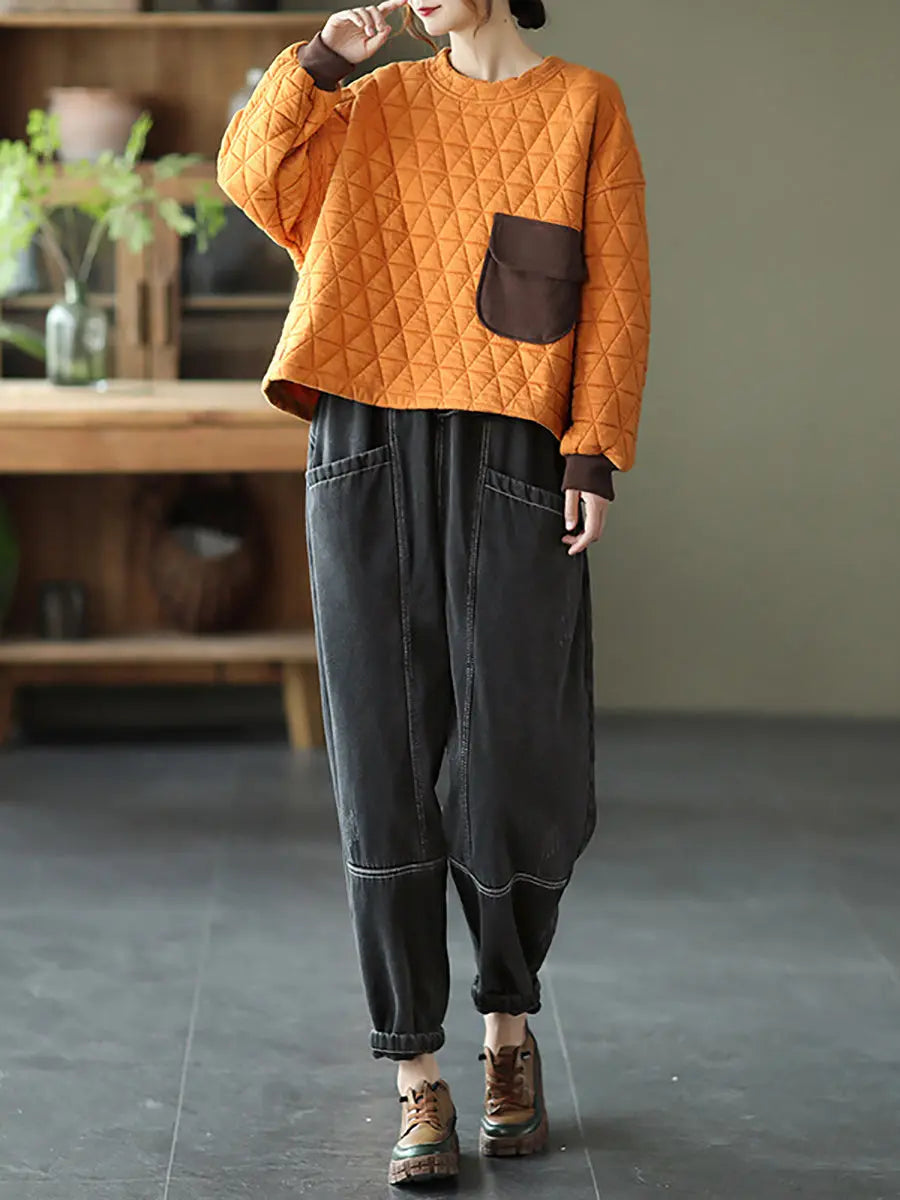 Spliced Denim Fleece-lined Pants
