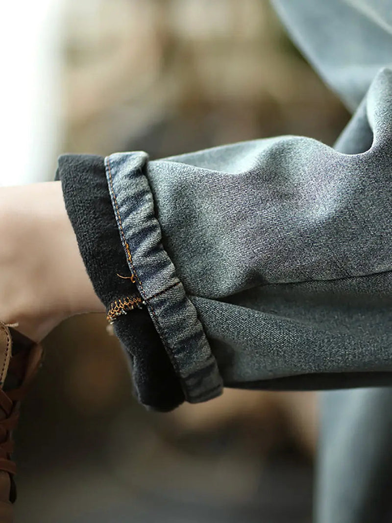Spliced Denim Fleece-lined Pants