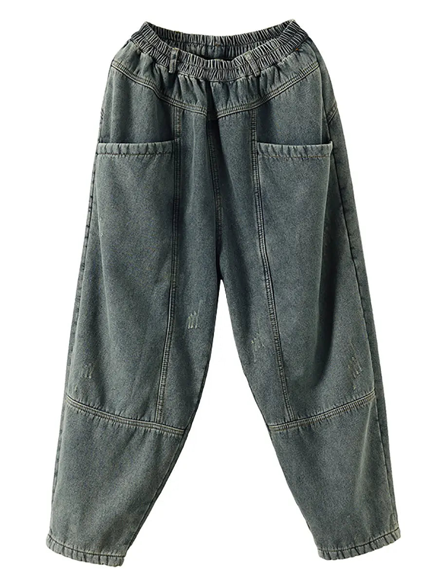Spliced Denim Fleece-lined Pants