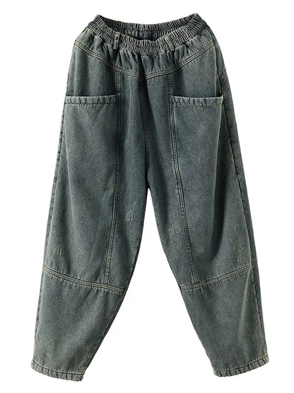 Spliced Denim Fleece-lined Pants
