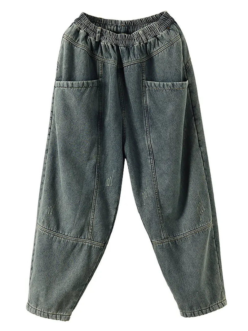 Spliced Denim Fleece-lined Pants