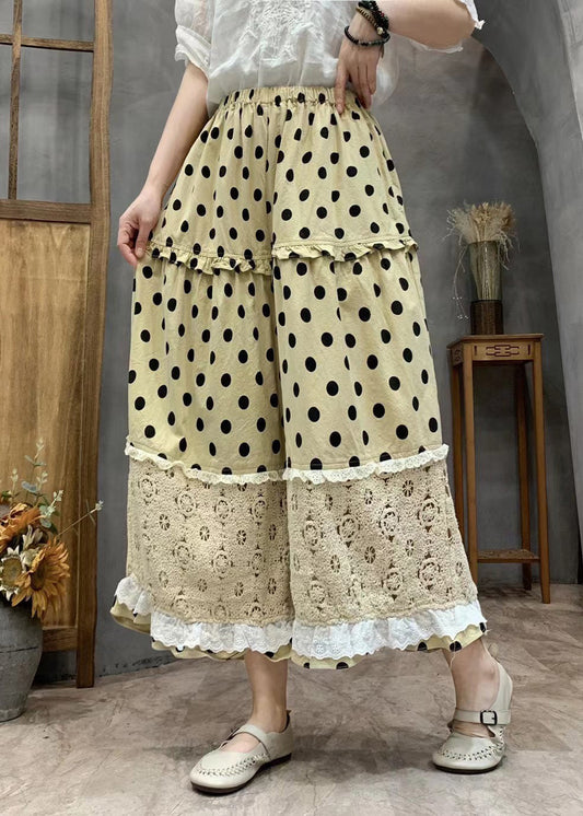 Yellow Dot Print Ruffled Patchwork Elastic Waist Crop Wide Leg Pants Vv067