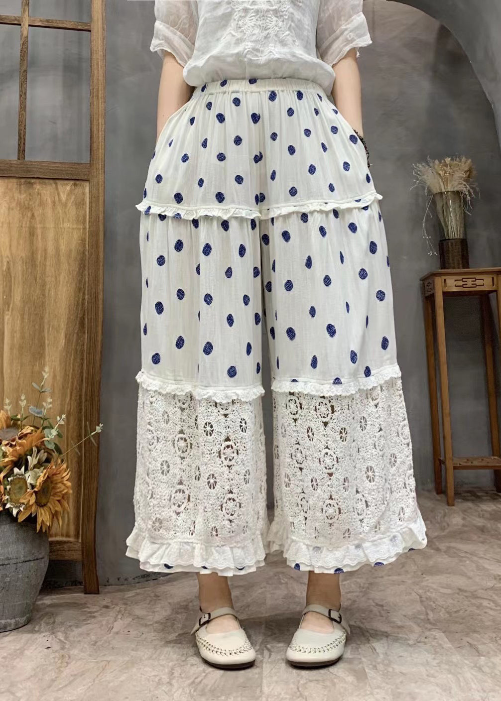 Yellow Dot Print Ruffled Patchwork Elastic Waist Crop Wide Leg Pants Vv067