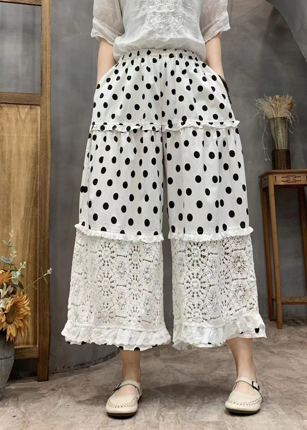 Yellow Dot Print Ruffled Patchwork Elastic Waist Crop Wide Leg Pants Vv067
