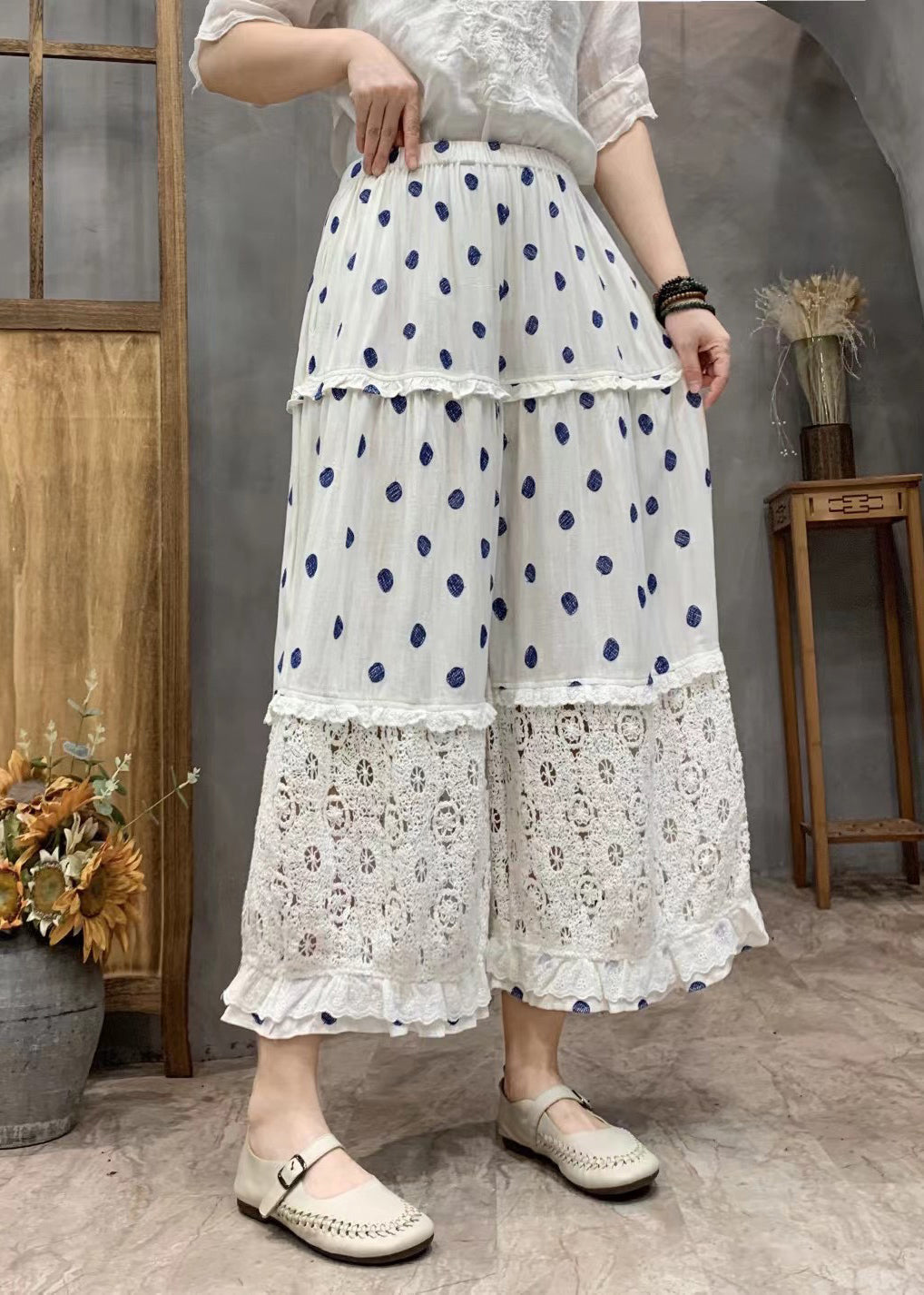 Yellow Dot Print Ruffled Patchwork Elastic Waist Crop Wide Leg Pants Vv067